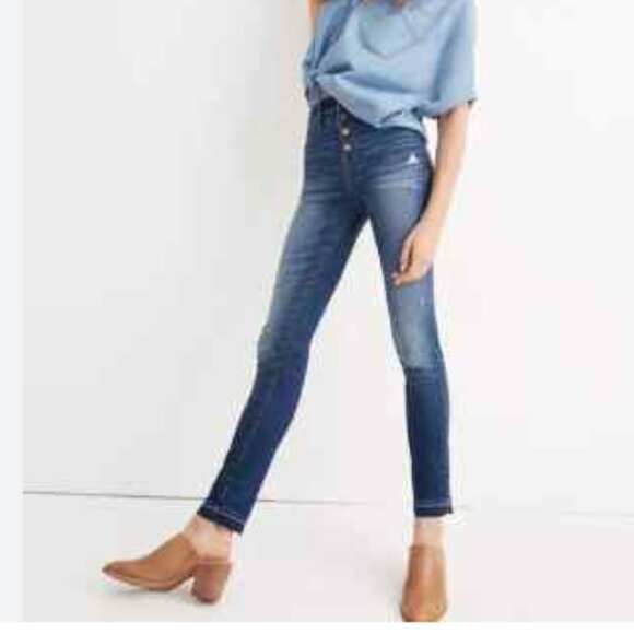 Madewell 10" High Rise Skinny Button Fly Distressed Drop Raw Hem Jeans Size 32 - Picture 1 of 11
